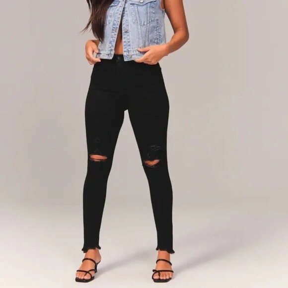 Abercrombie & Fitch Denim - A&F Plus Size Curve Super Skinny Ankle High Rise Distressed Black 37 / 24 Long